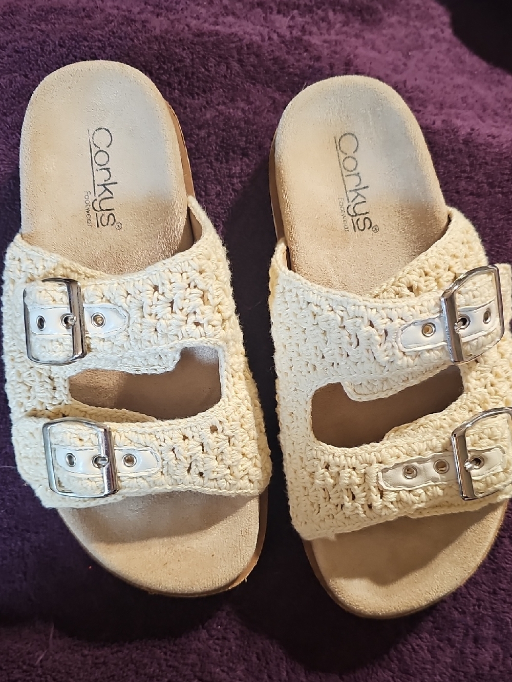 Corkys Cream Crochet Double-Strap Slide Sandals with Silver Buckles